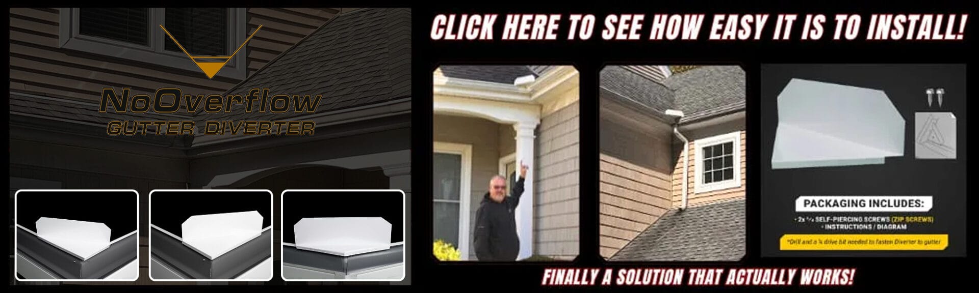 Gutter diverter advertisement showing product images, packaging contents, and an installation example on a house. Gutter diverter advertisement showing product images, packaging contents, and an installation example on a house.