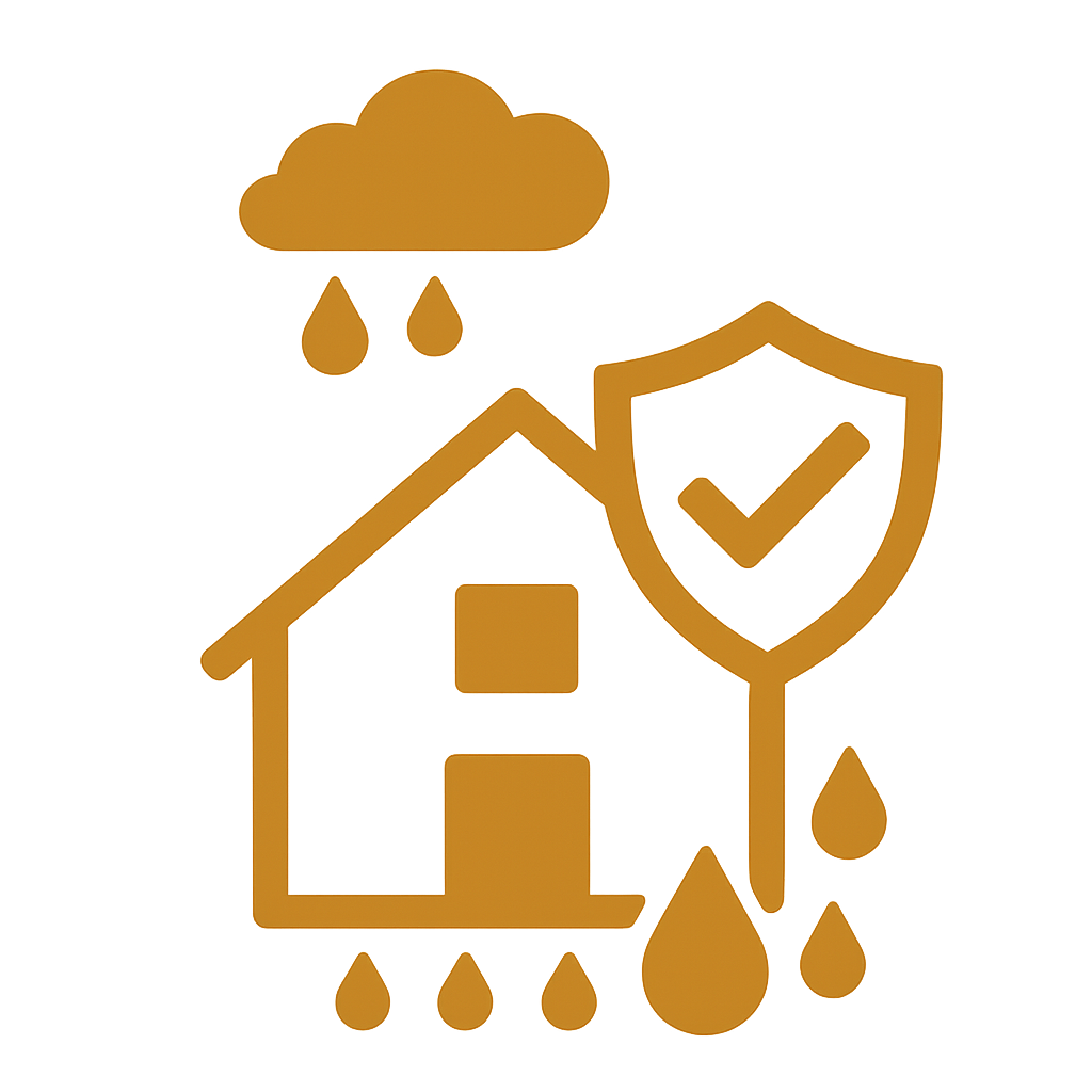 Outline of a house with raindrops, a cloud, and a shield with a check mark, suggesting home protection against rain or flooding.