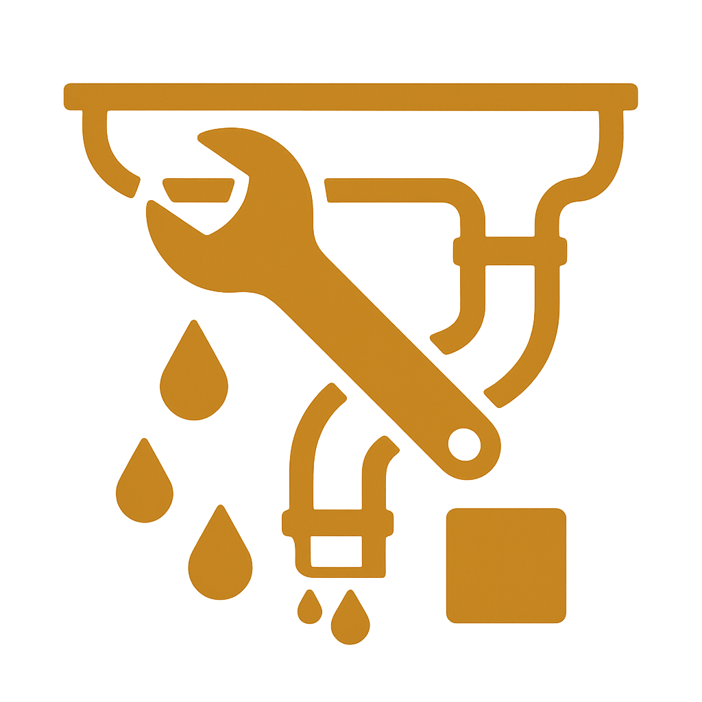 Orange icon of a wrench over a pipe with dripping water drops, symbolizing plumbing repair or maintenance, on a glowing background.