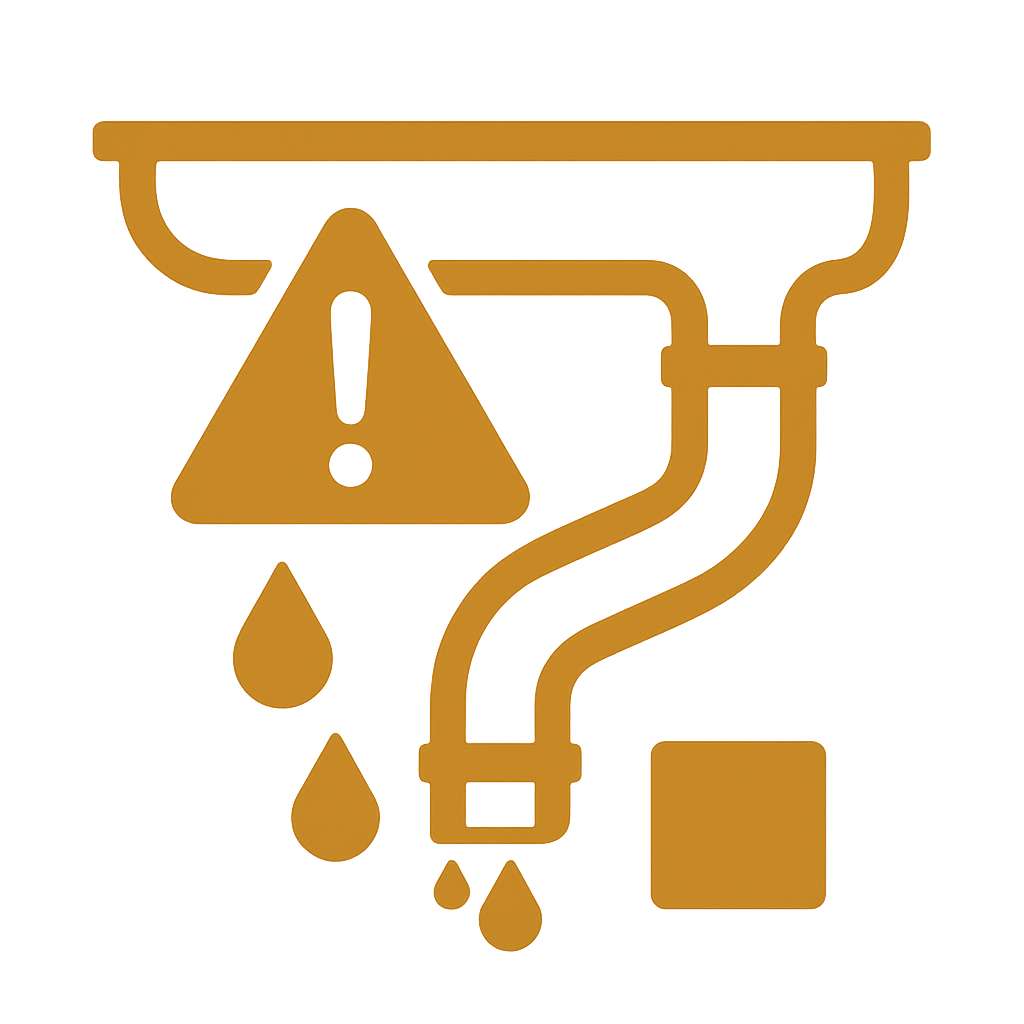 Orange icon of a leaking pipe with water drops and an exclamation mark in a warning triangle, indicating a plumbing or water leak issue.