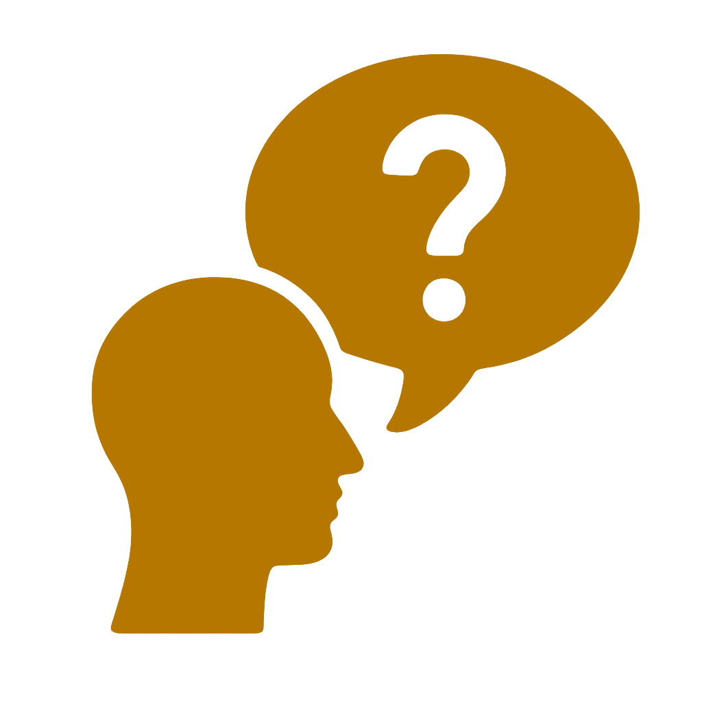A silhouette of a human head facing right with a speech bubble containing a large question mark above it, suggesting thought or inquiry.
