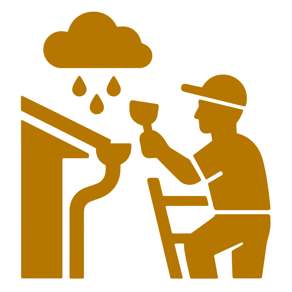 A person on a ladder repairs a house gutter with rain falling from a cloud above.