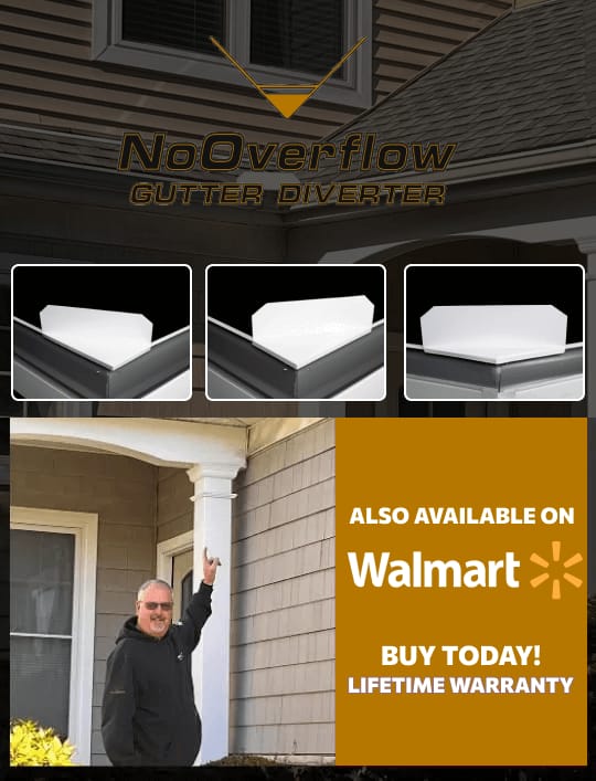 A man points to a house gutter while advertising the NoOverflow Gutter Diverter, now available at Walmart with a lifetime warranty.