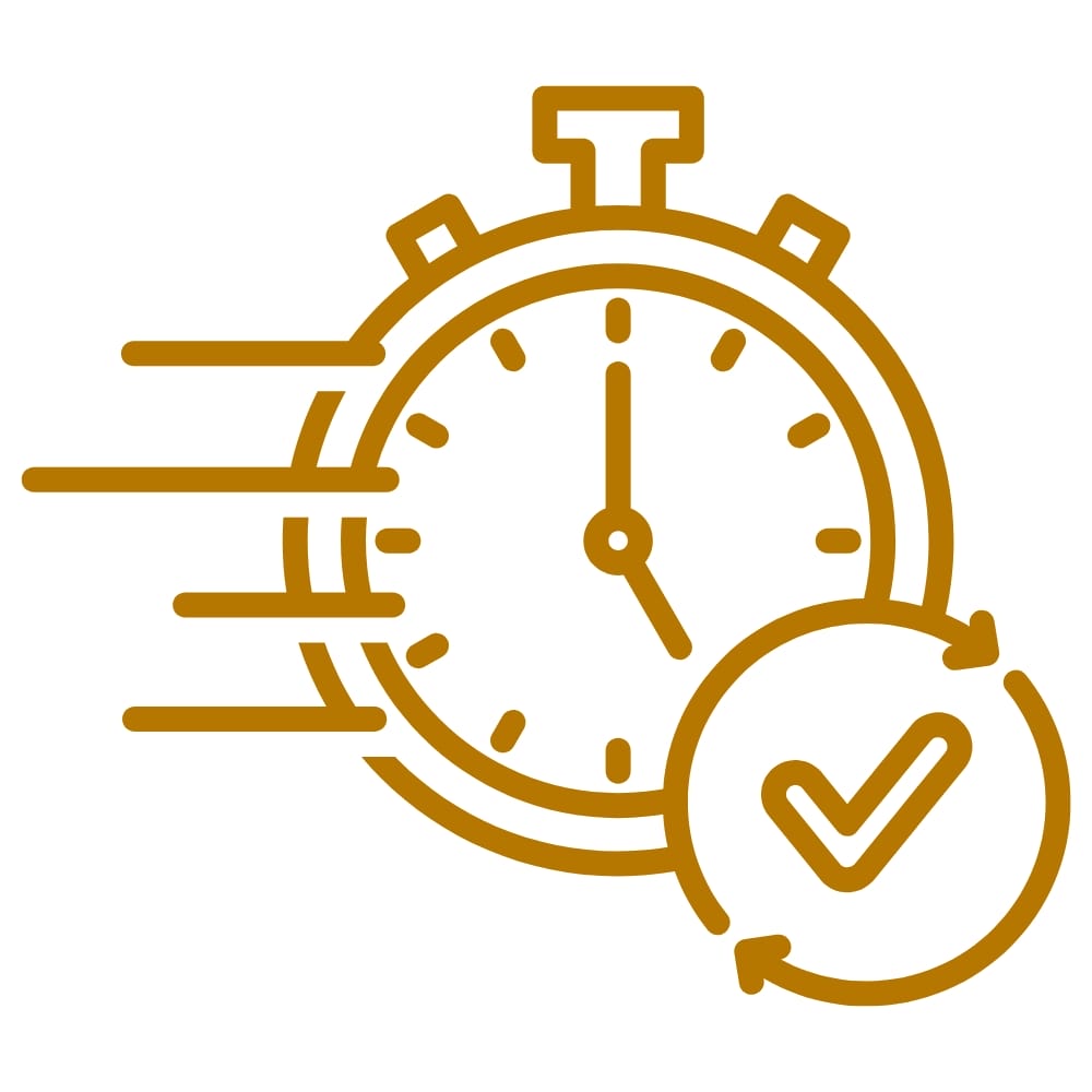 Brown line drawing of a stopwatch with motion lines, accompanied by a circular checkmark symbol, suggesting speed and task completion. Brown line drawing of a stopwatch with motion lines, accompanied by a circular checkmark symbol, suggesting speed and task completion.