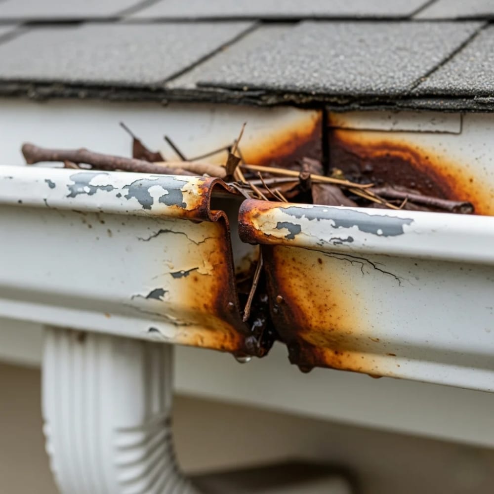 A rusty, damaged rain gutter with peeling paint and debris trapped at the seam under a shingled roof. A rusty, damaged rain gutter with peeling paint and debris trapped at the seam under a shingled roof.