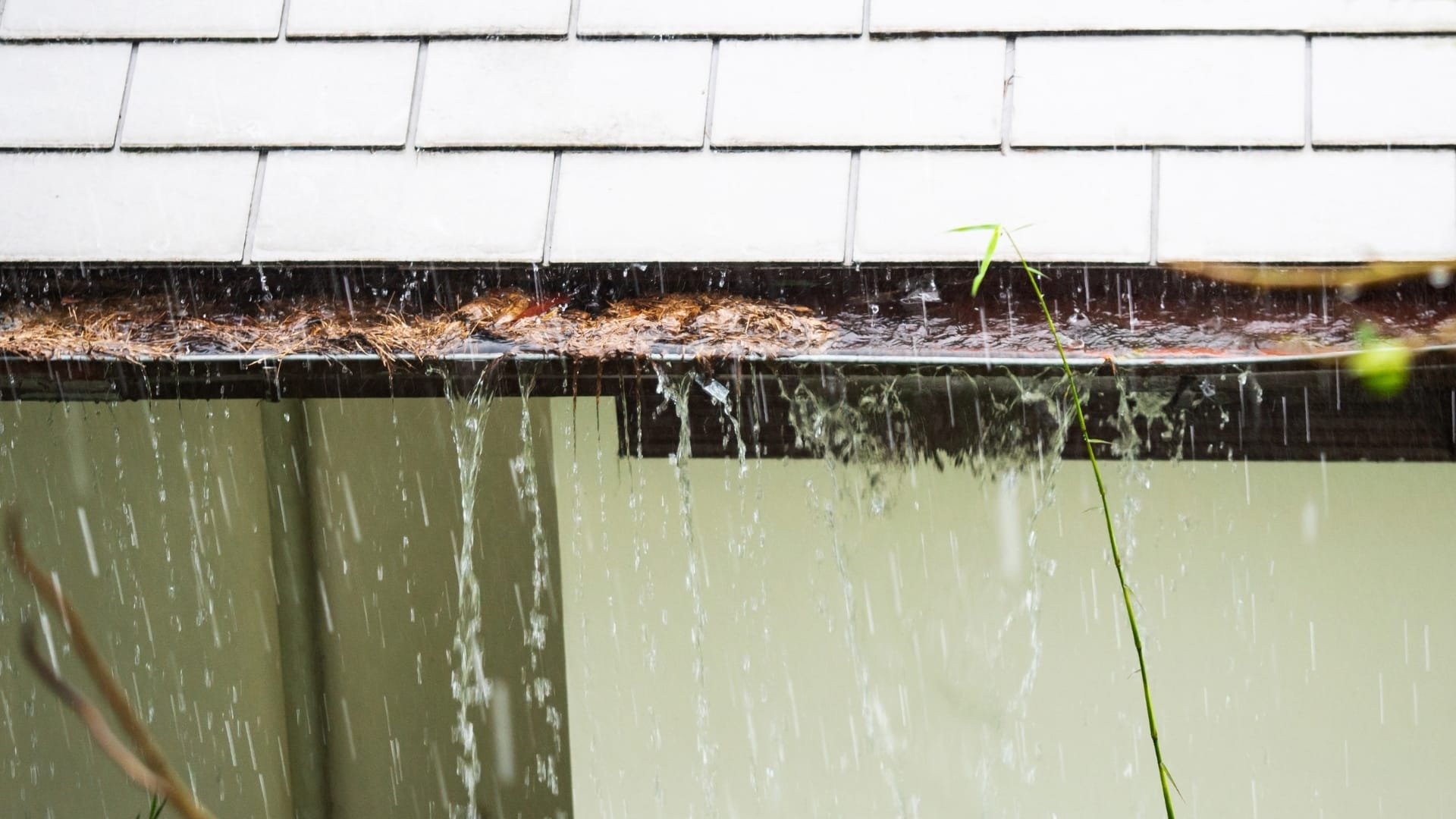 Rainwater overflows from a clogged roof gutter, spilling over the edge of the building’s roof. Rainwater overflows from a clogged roof gutter, spilling over the edge of the building’s roof.